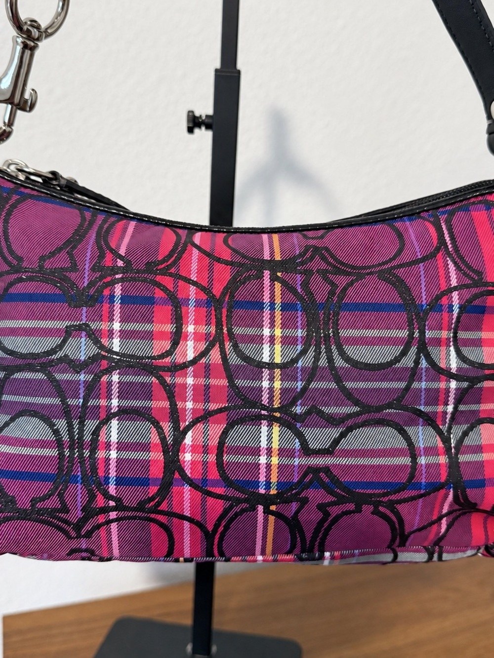 Coach Pink Plaid Signature Shoulder Bag with Black Strap - Picture 2 of 5